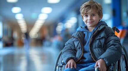 A young boy with a warm smile, seated in a wheelchair in a bright indoor environment