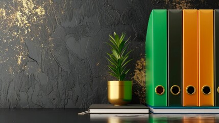 Elegant Office Decor with Colorful Binders and Decorative Plants. Generative ai