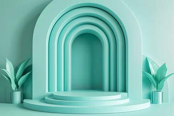 Geometrical forms, podium arch, minimal background, mint background. 3D rendering