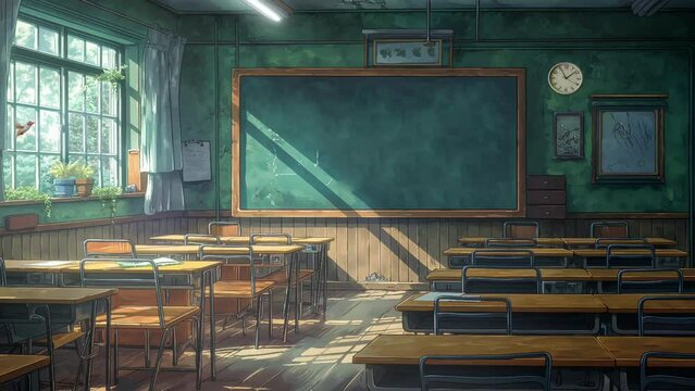 Empty classroom with desk, tables, chalkboard and chairs, at school or university motion seamless looping animation cartoon video background