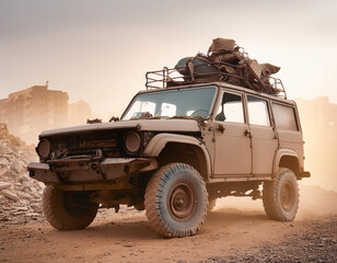 Fototapeta premium mad max style, rusty demagerd offroad car riding through post apocalyptic desert