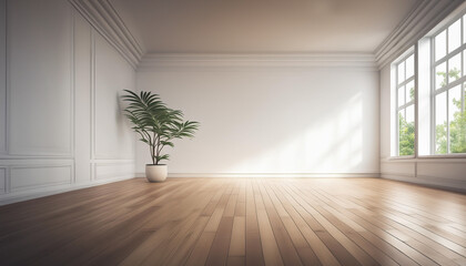 Obraz premium Empty light-filled modern loft space with potted plant on a wooden floor. Generative Ai.