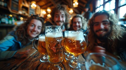 Group of joyful friends toasting with beers, sharing a convivial moment in a rustic pub atmosphere