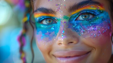A detailed close-up of rainbow-colored face paint on a smiling personâ€™s cheek, highlighting personal Pride and identity. List of Art Media Photograph inspired by Spring magazine