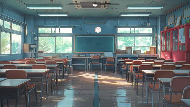 Empty classroom with desk, tables, chalkboard and chairs, at school or university motion seamless looping animation cartoon video background