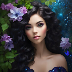 Naklejka premium A close-up reveals a woman's striking blue eye, its depths harboring the secrets of the cosmos. Delicate flowers in shades of purple and blue
