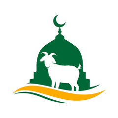 Eid al-Adha celebration illustration with mosque and sacrifice goat silhouette.