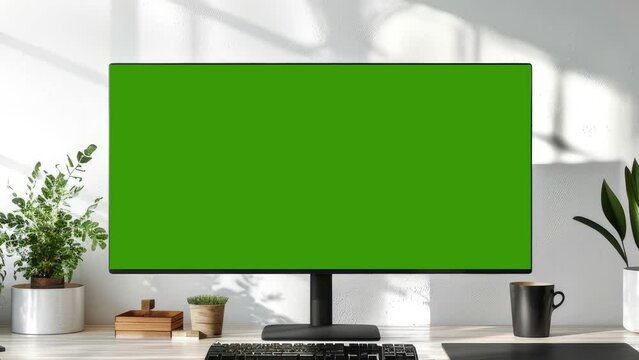 computer monitor on the table, with a green screen. Best for video editing and business materials.