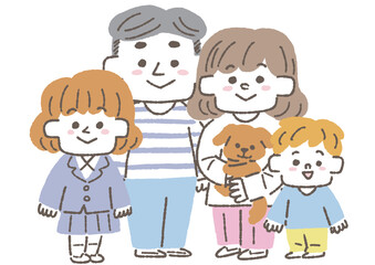 子供が二人とペットがいる核家族のイラスト