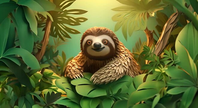 Realistic paper-cut illustration of a sloth hanging from a tree branch, minimalist 3D-rendered jungle background,