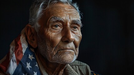 A hyper-realistic image of an elderly man proudly standing with the American flag draped over his shoulders, lit with soft box lighting and captured with a Canon EF 24-70mm f/2.8L II USM lens,