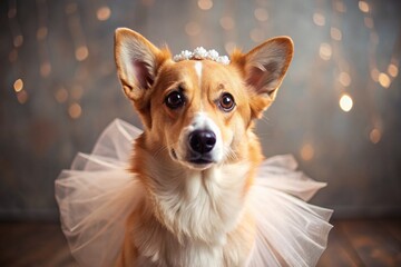 A lovely portrait of a cute ginger dog dressed in a pink tutu.