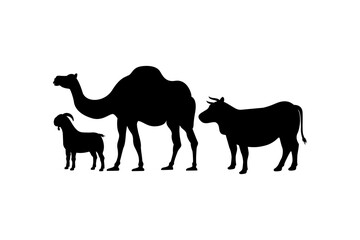 Cow, camel, and goat silhouettes for farm stock design. Eid al-Adha sacrifice animal silhouette vector illustration