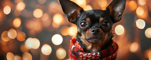 Adorable small dog wearing a red scarf with festive bokeh lights background, capturing the warmth and charm of the holiday season.