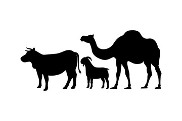 Cow, camel, and goat silhouettes for farm stock design. Eid al-Adha sacrifice animal silhouette vector illustration