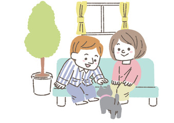 ペットの猫を可愛がっている若い夫婦のイラスト