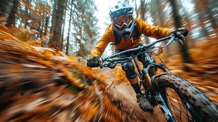 Motion blur effect captures a mountain biker navigating a trail in an autumnal forest, conveying a sense of speed