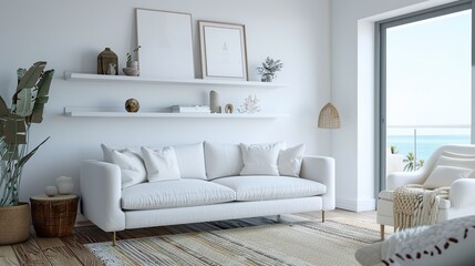 White living room interior with sofa and armchair. Generative Ai
