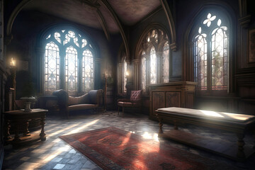 Gothic style interior of bedroom.