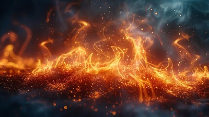 Closeup of burning embers and flames with sparks flying.