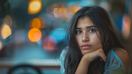 Obraz premium Beautiful Latin Mexican woman sitting in front of a window with blurred background