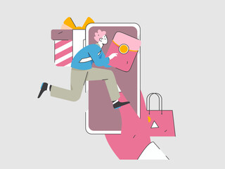 Holiday shopping people doing e-commerce online shopping flat vector concept operation hand drawn illustration
