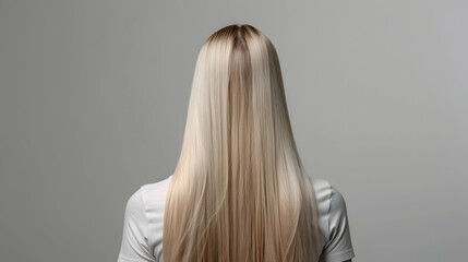 Rear view of a beautiful blonde woman with long smooth straight hairs on isolated background with space for copy