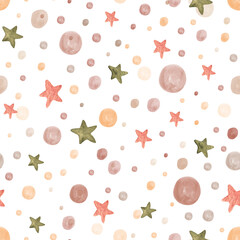 Watercolor seamless pattern with stars and balls. A delicate cute ornament for textiles. Design of children's clothes for sleeping, an invitation to a baby shower. © Irina Avdeeva