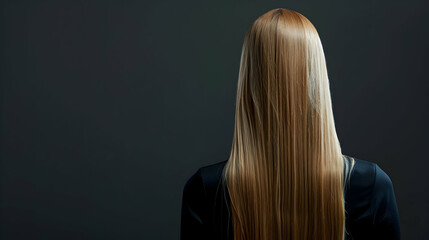 Rear view of a beautiful blonde woman with long smooth straight hairs on isolated background with space for copy
