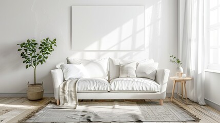 White living room interior with sofa, carpet on hardwood floor. Generative Ai