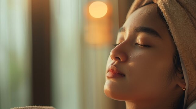 Beautiful Indonesian female teenager relaxing with towel on head - Powered by Adobe