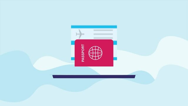 Online booking of airplane tickets through a notebook with passport.
Holiday, trip, internet order concept. Flat design, blue sky background with clouds.