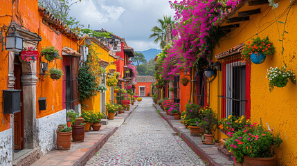 Rustic street with windows and bougainvillea