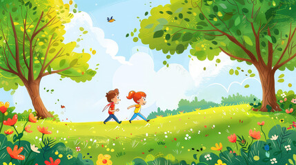 Design a whimsical Childrens Day background with kids playing in a magical forest setting.