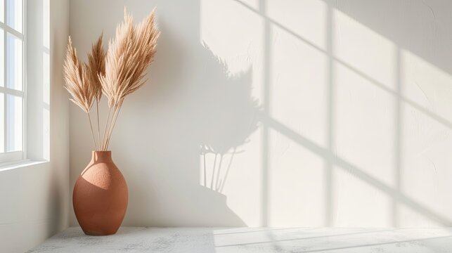 Decorative Clay Vase with Pampas Grass Against Window Near White Wall