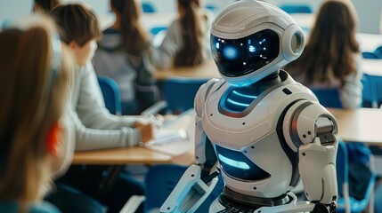 Futuristic AI Robot Teaching a Class of Students: Merging Education with Artificial Intelligence