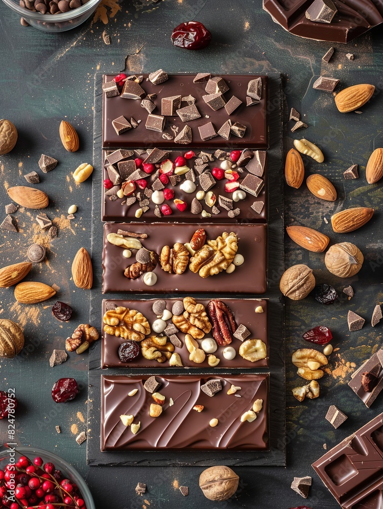 Poster High-detail chocolate bar with nuts and cranberries, creating a rich texture and appetizing appearance. Generative AI