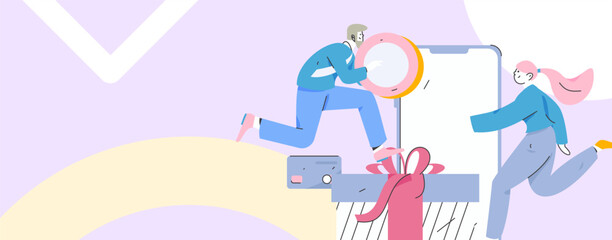 Holiday shopping people doing e-commerce online shopping flat vector concept operation hand drawn illustration
