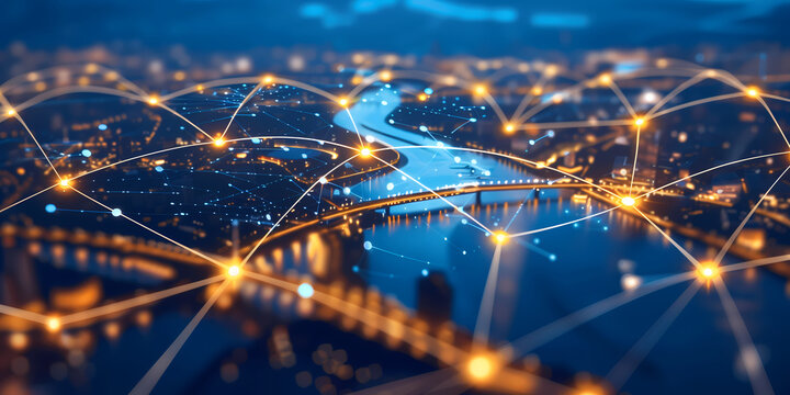 Abstract smart city lights by night, river bridge, network connectivity, technology, telecommunications