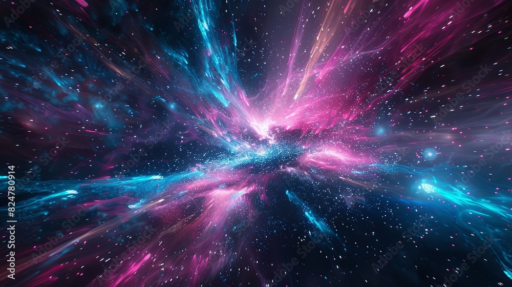 Wall mural digital art of a hyperspace travel effect with a dynamic burst of pink and blue particles resembling