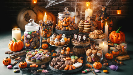 Obraz premium Halloween party. The table is filled with treats like candy corn, gummy worms