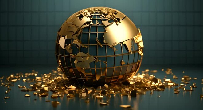 3D visualization of a minimalist globe with shrinking gold reserves, global economic crisis,