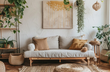 Sofa with brown and mustard pillows, wooden coffee table near grey sofa in boho style interior of living room with white wall painting, hanging macrame, pampas grass and plants on the floor