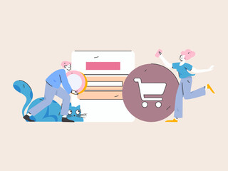 Holiday shopping people doing e-commerce online shopping flat vector concept operation hand drawn illustration
