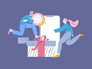 Holiday shopping people doing e-commerce online shopping flat vector concept operation hand drawn illustration
