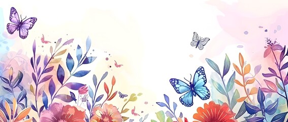 Vibrant Watercolor Floral Border with Butterflies and Organic Shapes for Blank Background