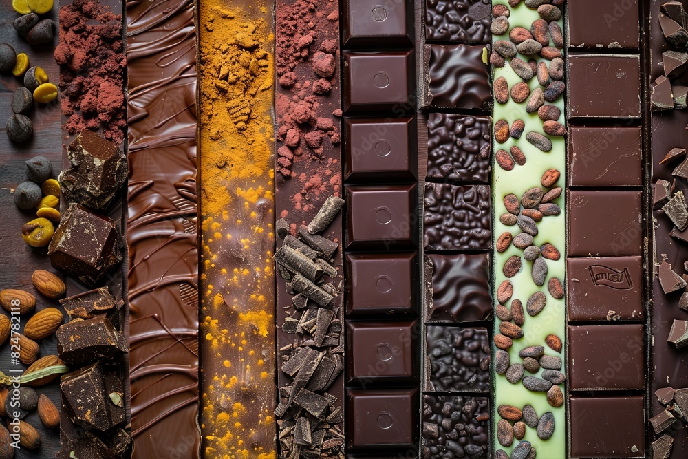 Poster various chocolate bars with nuts on top, neatly arranged, showcasing rich colors and textures. gener