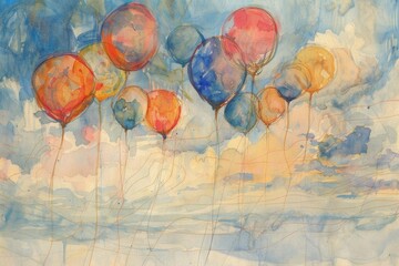 A beautiful watercolor painting of a cluster of balloons floating through a cloudy sky