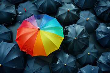 a picture of a rainbow umbrella standing prominent out of black umbrellas with businessman hand - Powered by Adobe