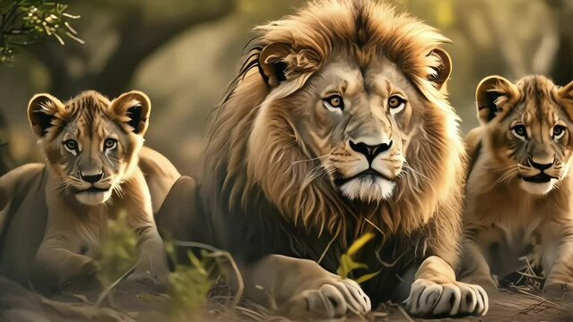 Close-up wildlife shot of a lion pride, Wildlife Shot, Lions, Cinematic Shot in Forest Field, Nature, Animals 